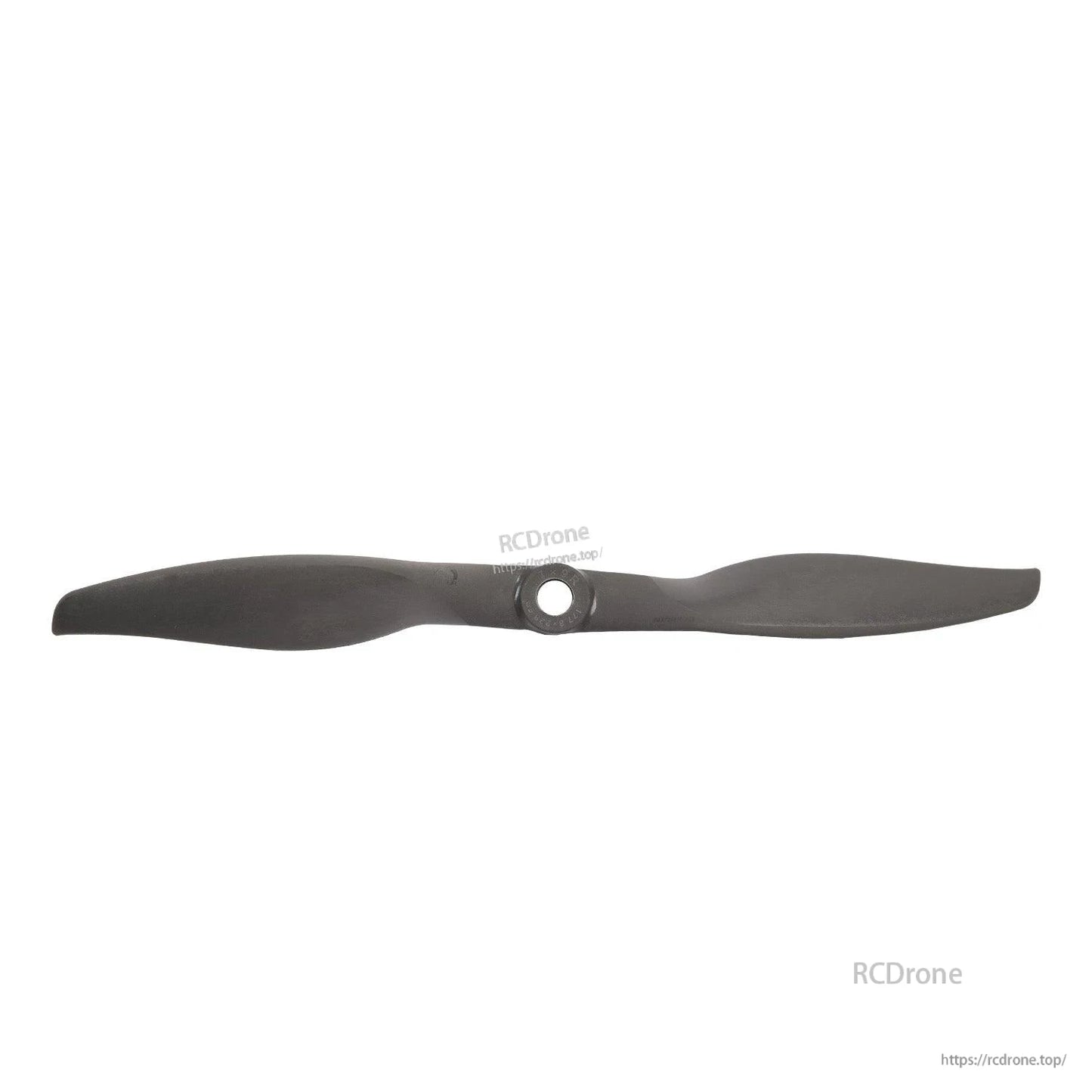 Full-length horizontal view of dark two-blade propeller highlighting blade shape and hub opening