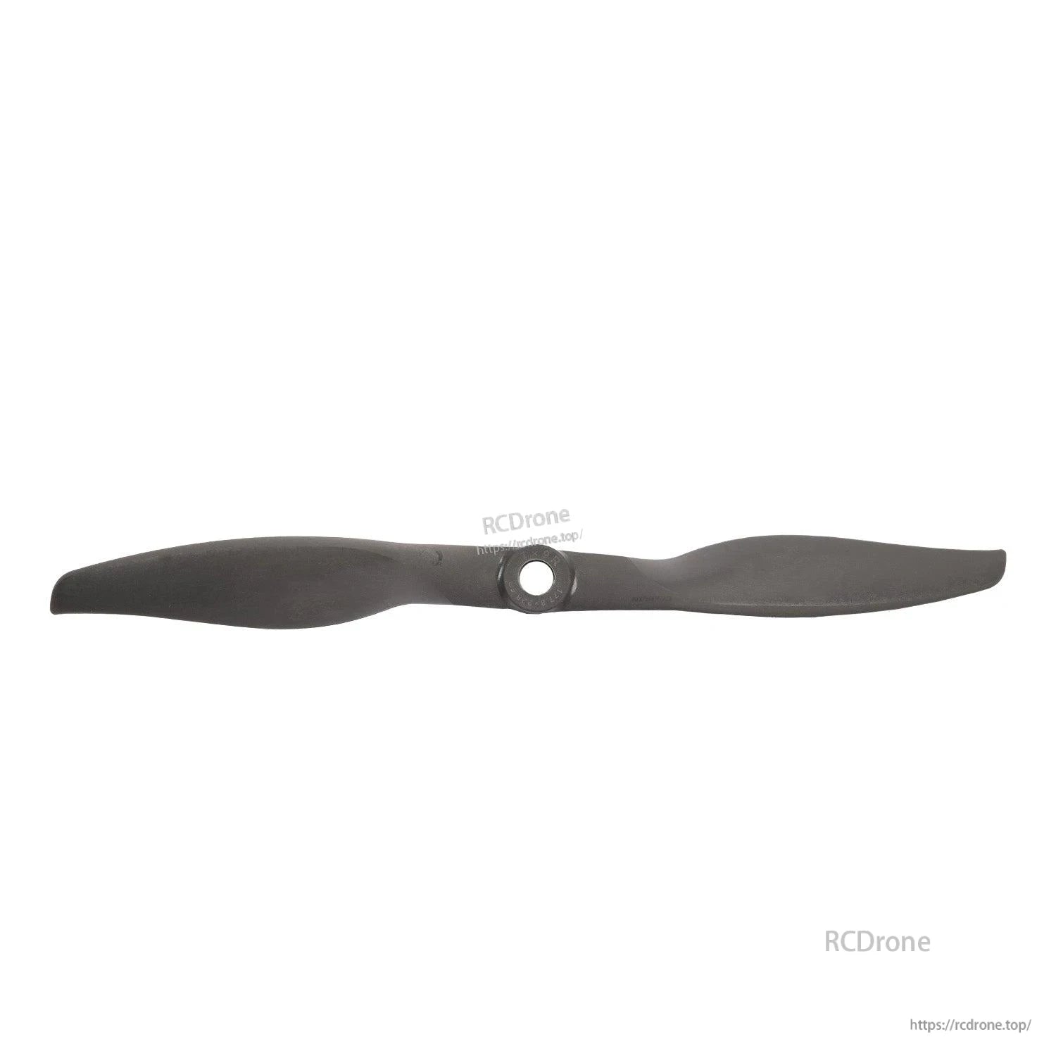 Full-length horizontal view of dark two-blade propeller highlighting blade shape and hub opening