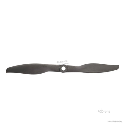 Full-length horizontal view of dark two-blade propeller highlighting blade shape and hub opening