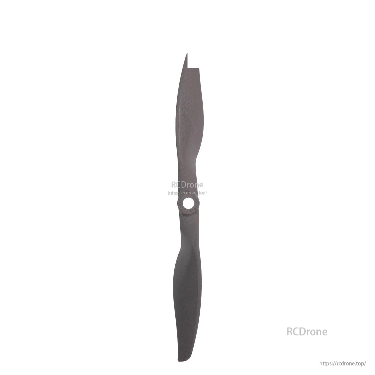 Vertical front view of dark nylon two-blade propeller with center mounting hole