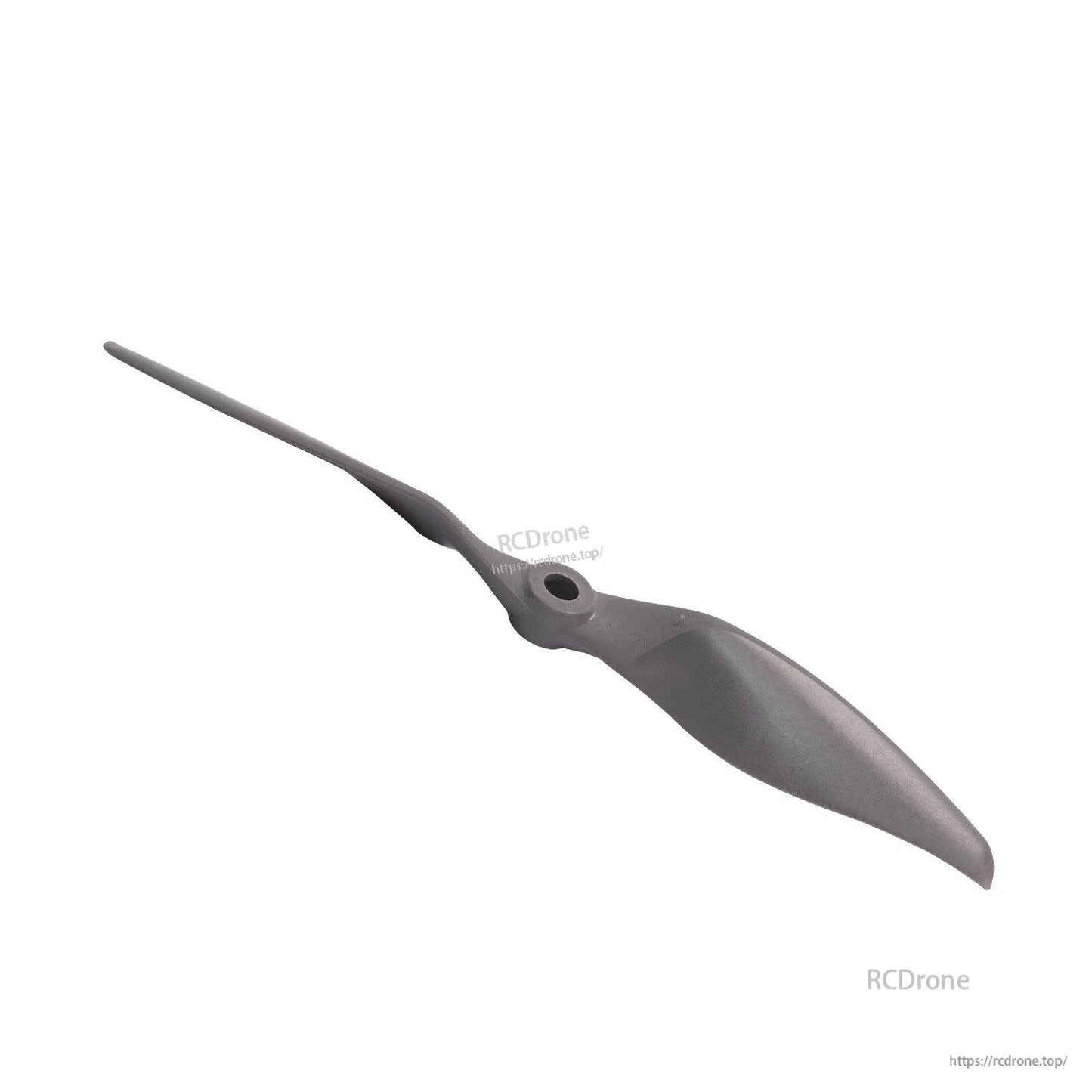 Angled side perspective of two-blade propeller showing airfoil profile and hub thickness