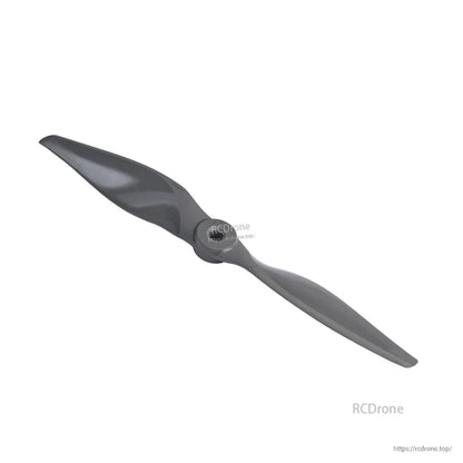 Diagonal view of two-blade propeller highlighting leading edge shape and hub detail