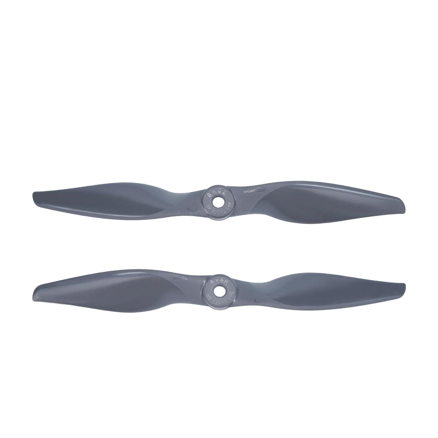 Gemfan VORTEX 8x6E/8x6R electric propellers, pair of gray 2-blade props on white background