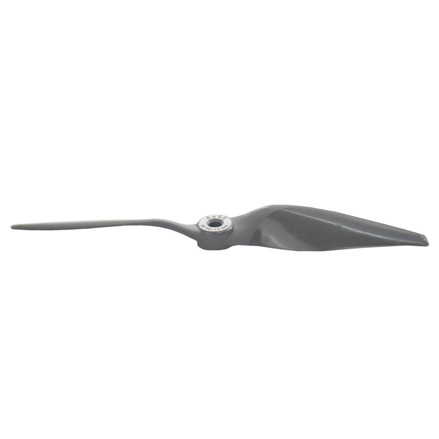 Side profile view of gray 2-blade propeller showing airfoil shape and hub insert