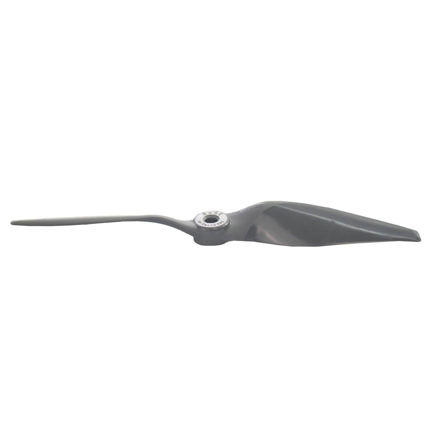 Side profile view of gray 2-blade propeller showing airfoil shape and hub insert