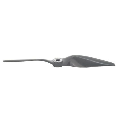 Side profile view of gray 2-blade propeller showing airfoil shape and hub insert