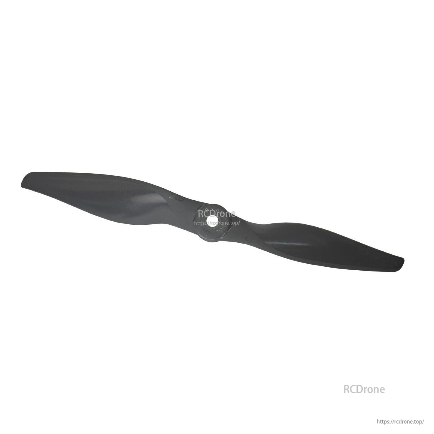 Diagonal view of gray 2-blade propeller emphasizing blade twist and curvature near the tips