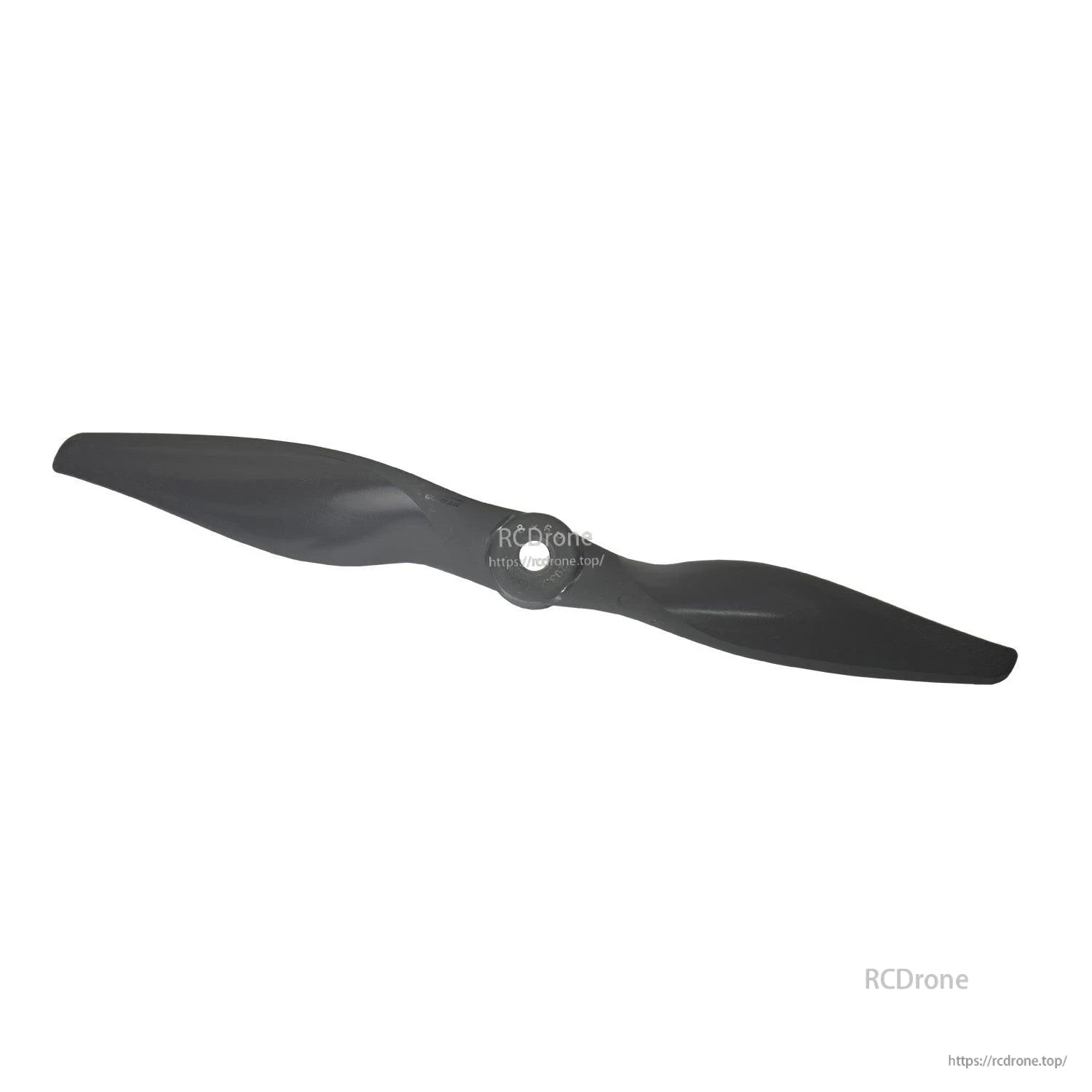 Diagonal view of gray 2-blade propeller emphasizing blade twist and curvature near the tips