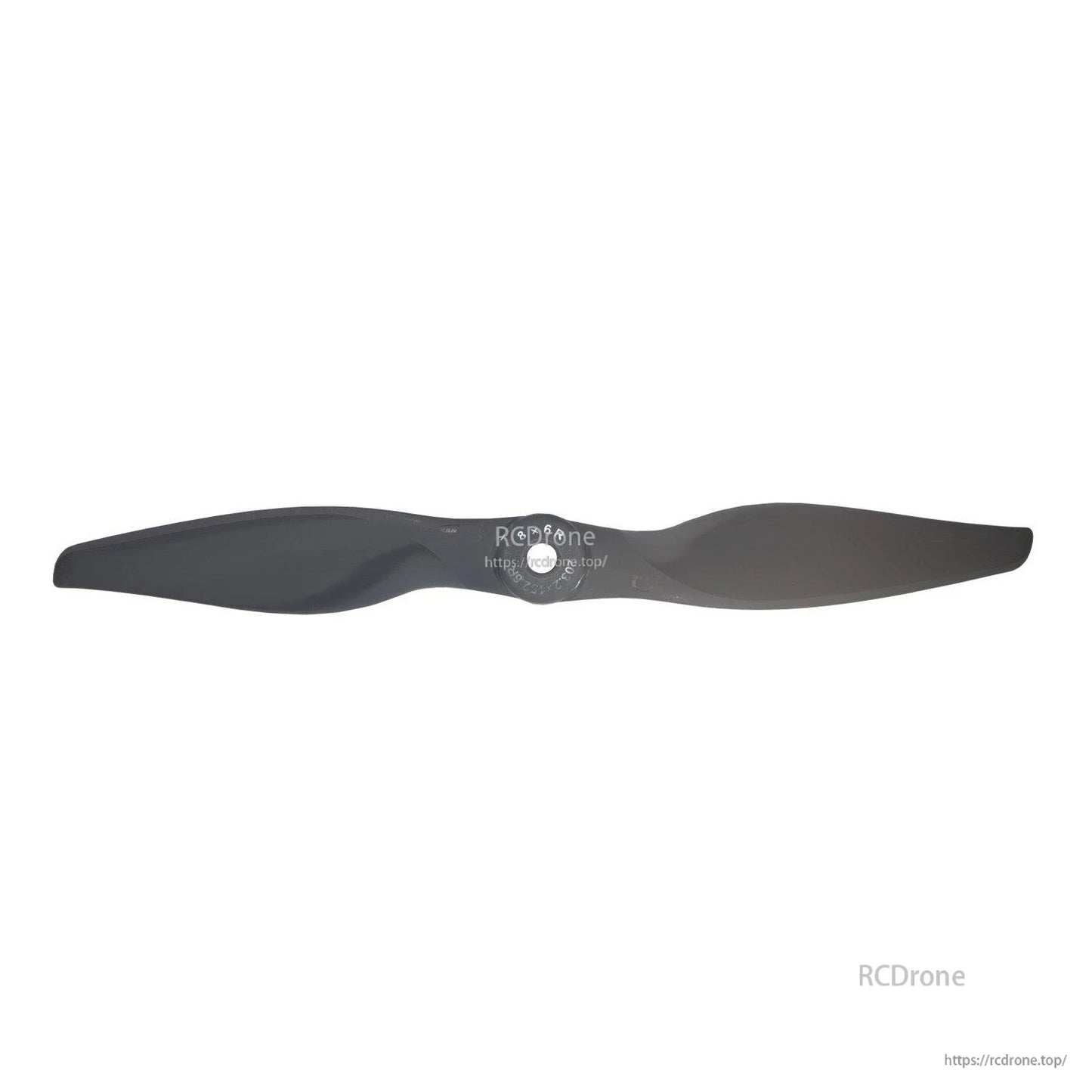 Flat lay of single gray 2-blade propeller showing full blade outline and hub center