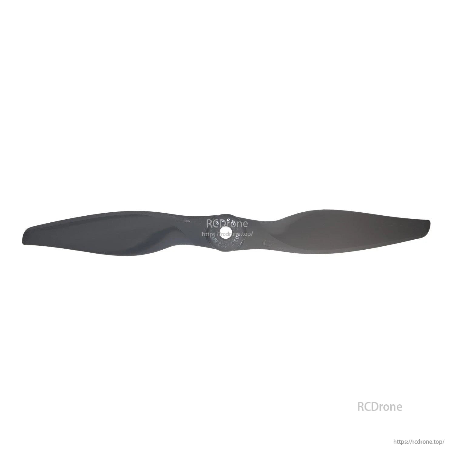 Flat lay of single gray 2-blade propeller showing full blade outline and hub center
