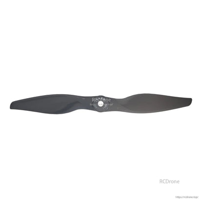 Flat lay of single gray 2-blade propeller showing full blade outline and hub center