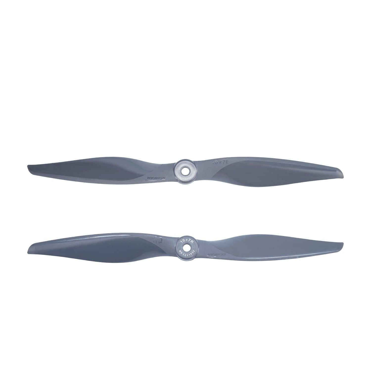 Pair of Gemfan Vortex 10×7 propellers shown flat, left- and right-rotation (CW/CCW)