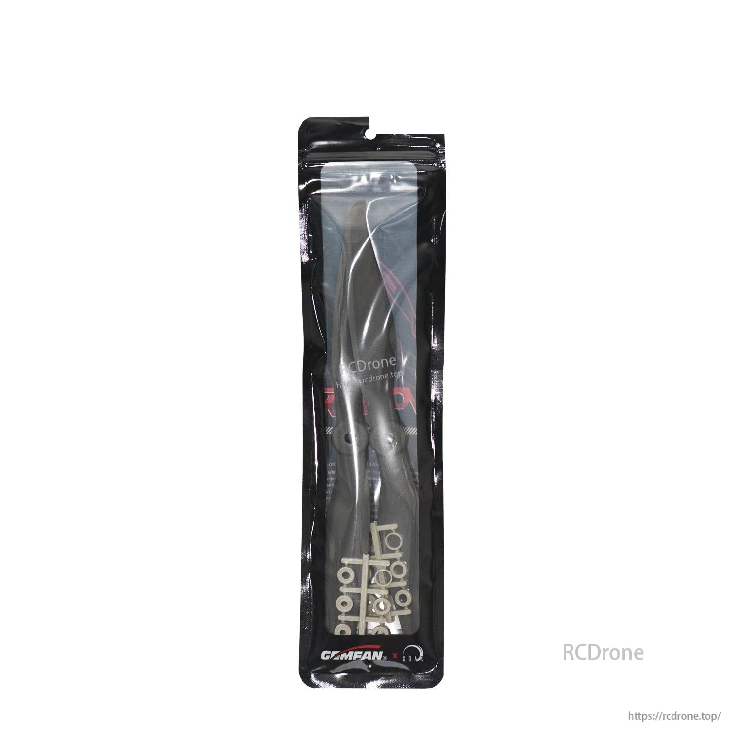 Retail package with two propellers and hardware visible through clear bag
