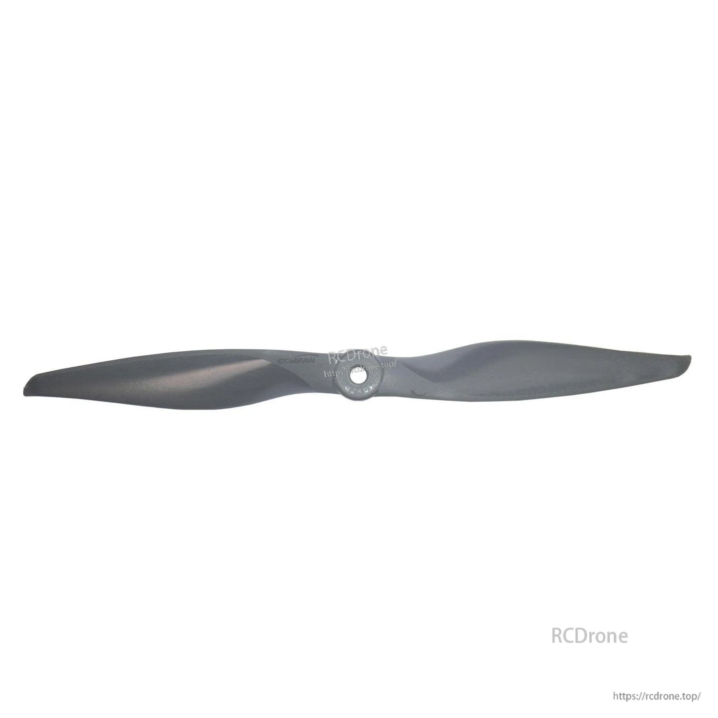 Single propeller top view centered on hub, showing blade shape and finish