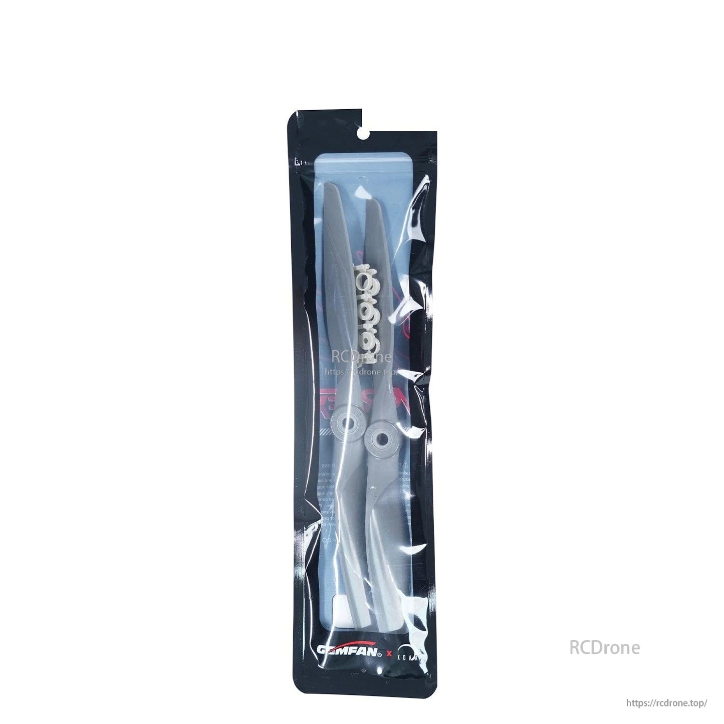 Back view of sealed retail bag showing two propellers inside