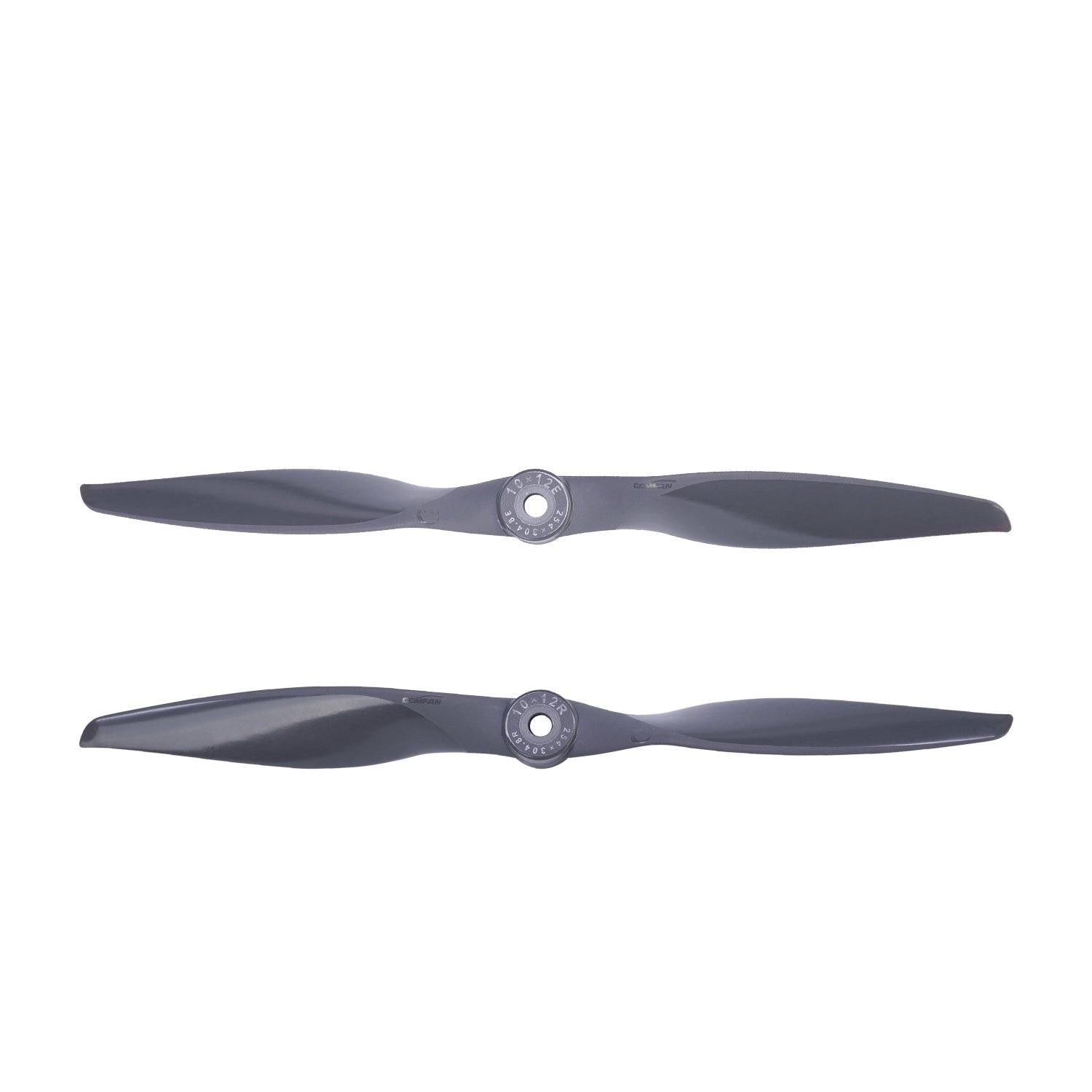 Gemfan Vortex 10x12E and 10x12R glass fiber nylon propellers, 2-blade set on white