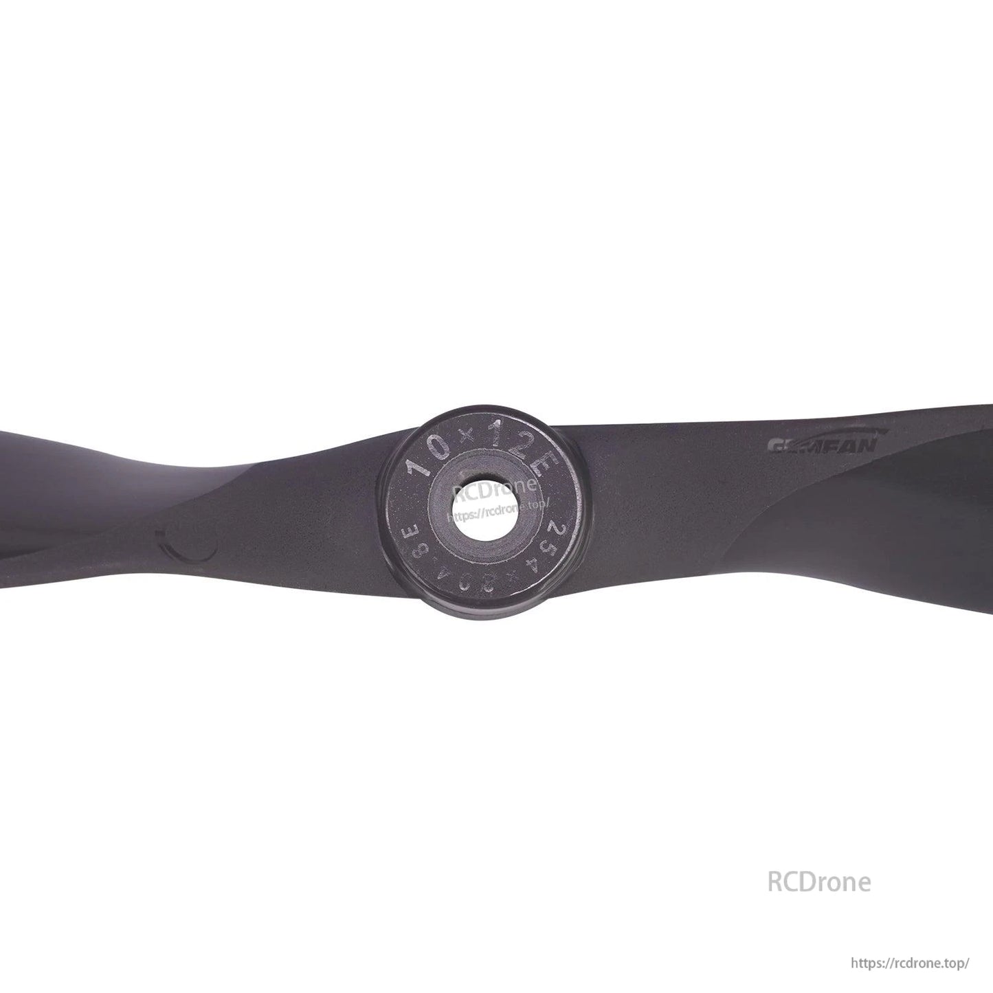 Close-up of prop hub marking “10x12E” on Gemfan Vortex electric propeller