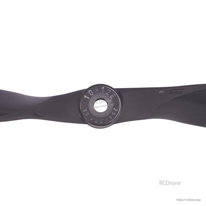 Close-up of prop hub marking “10x12E” on Gemfan Vortex electric propeller