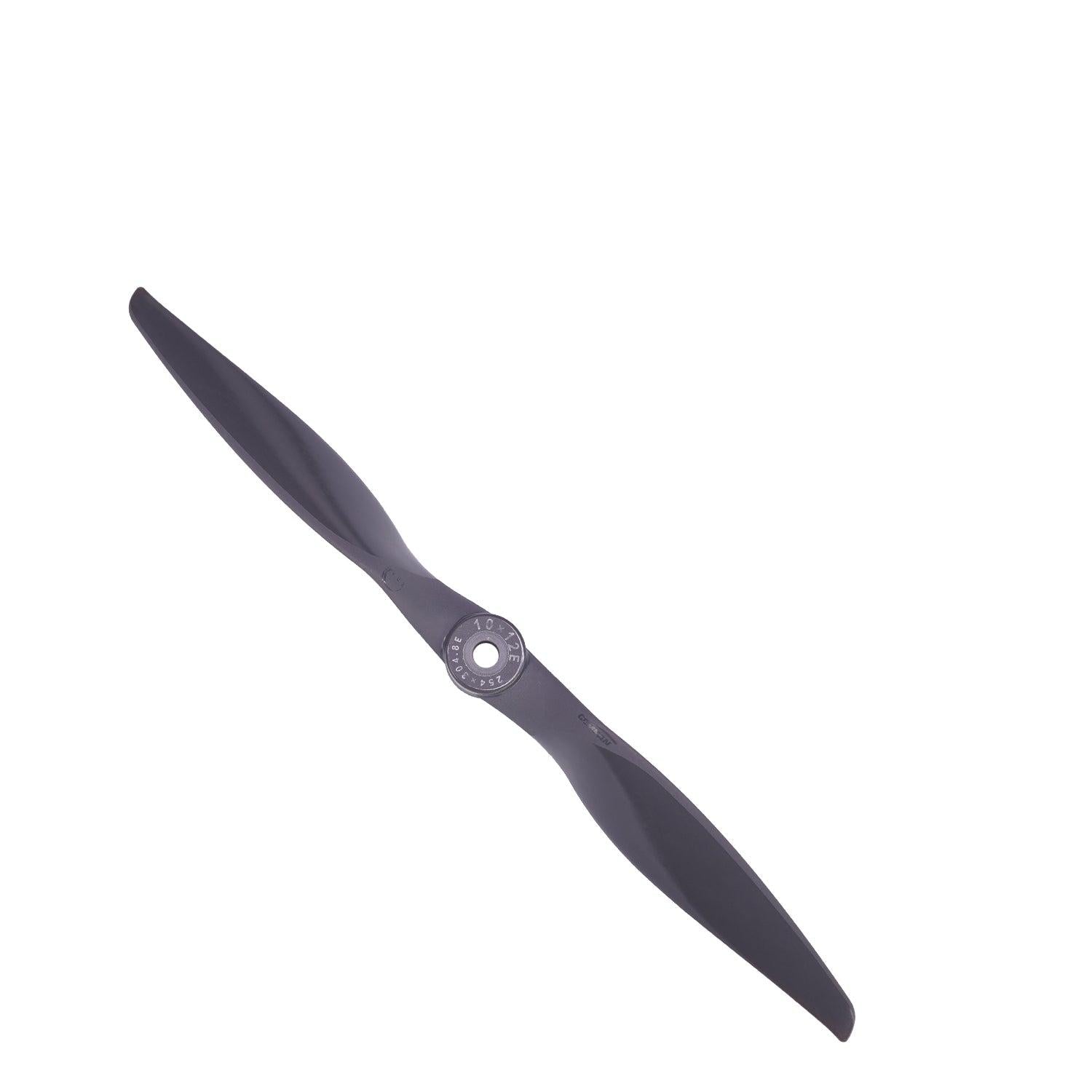Angled view of two-blade propeller showing hub ring and blade curvature