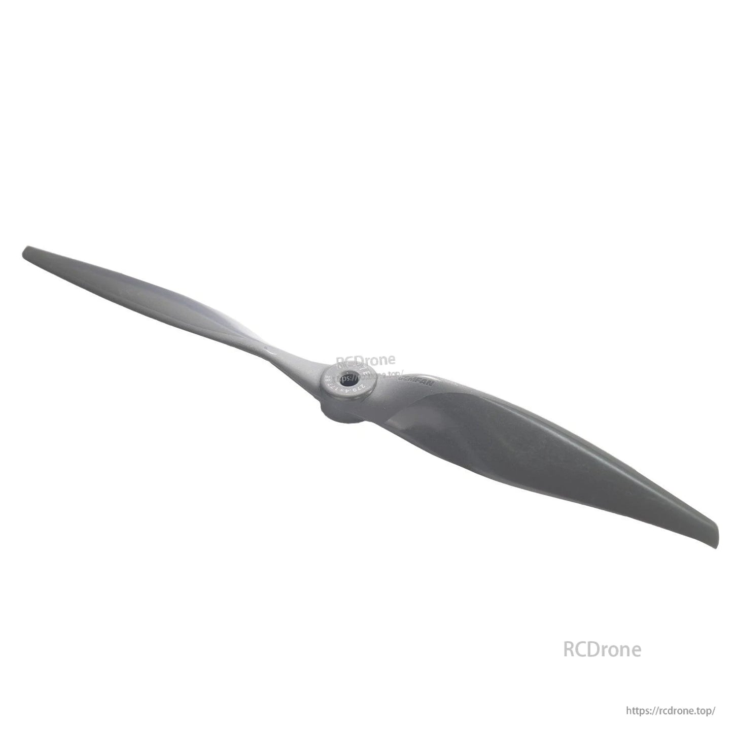 Angled view of Gemfan Vortex 11x7 propeller highlighting blade twist and hub profile