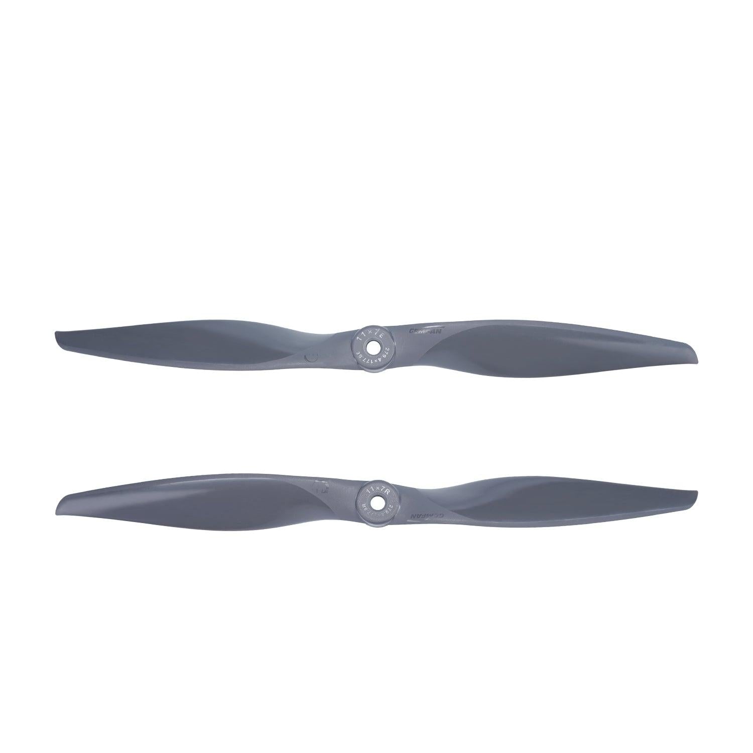 Gemfan Vortex 11x7E and 11x7R propellers shown together, left and right rotation pair