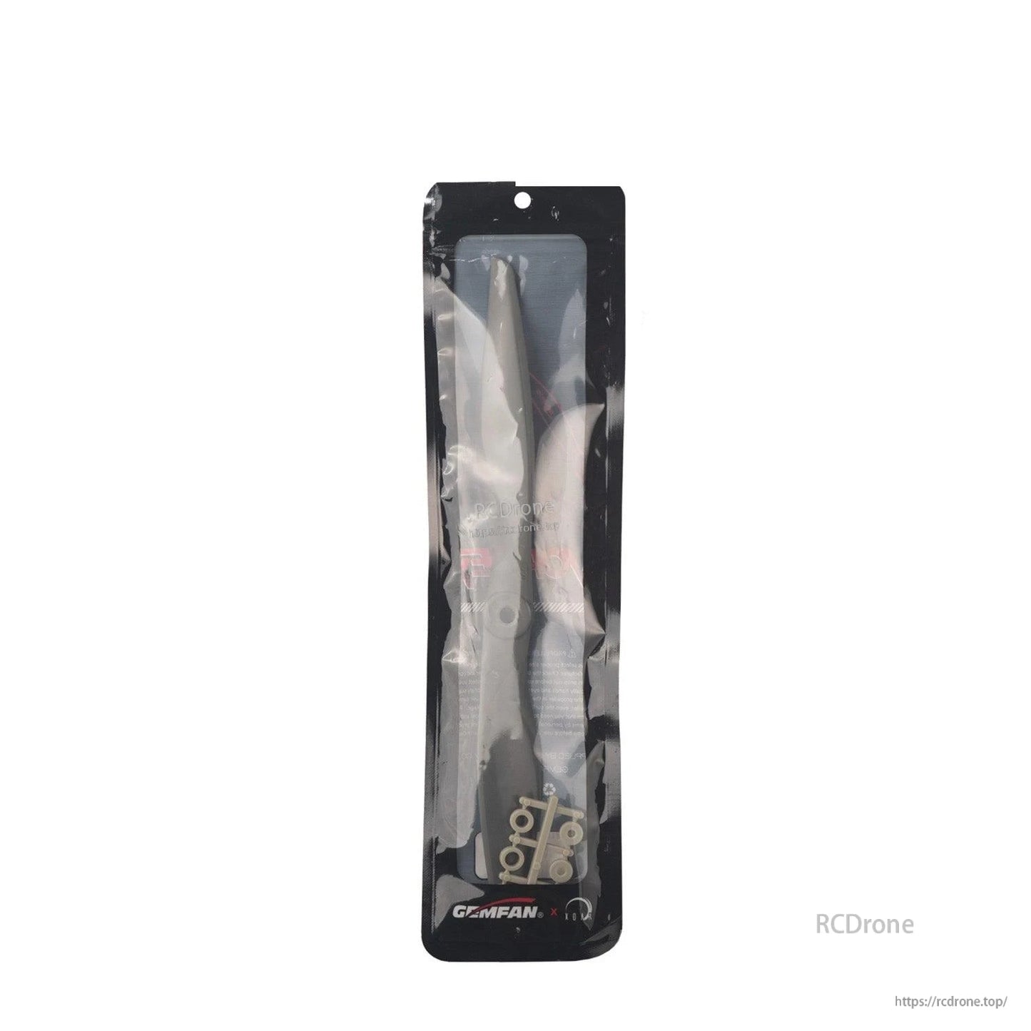 Gemfan Vortex propeller retail package with mounting hardware and adapter rings inside