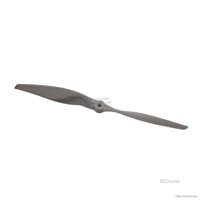 Three-quarter view of propeller showing blade sweep and hub center on white background