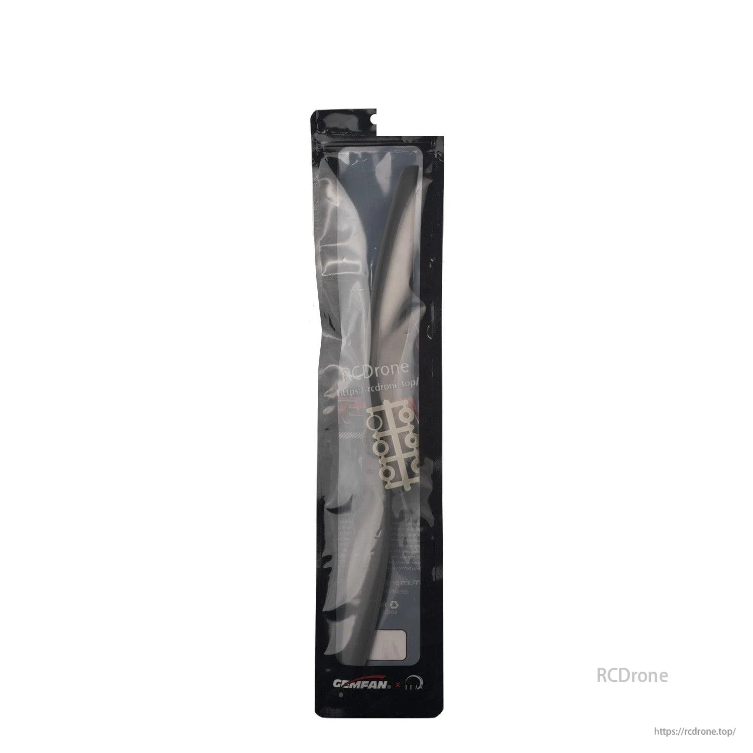 Retail packaging bag with Gemfan propeller visible inside, hanging card style sealed pack