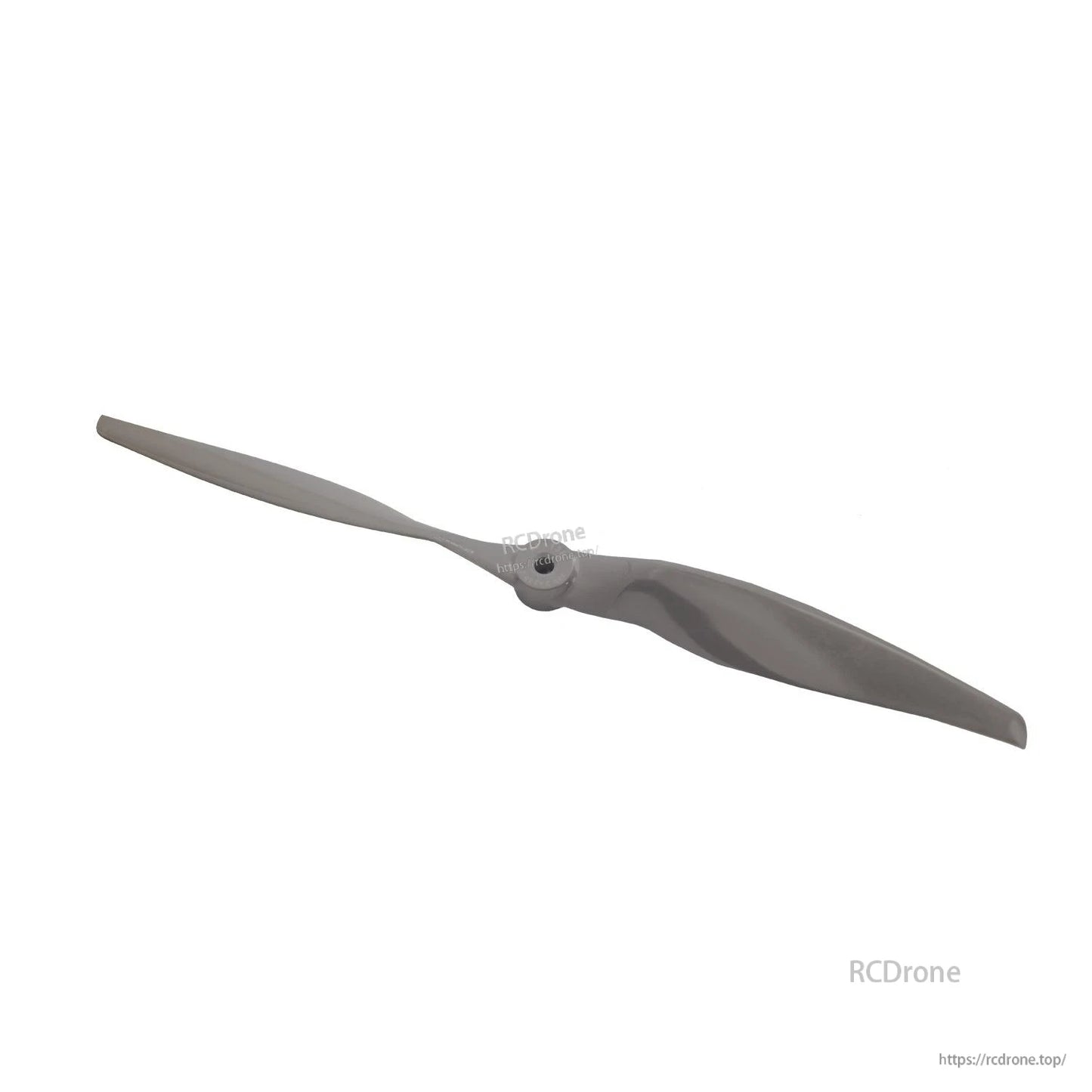 Angled view of two-blade propeller highlighting curved blade profile and center hub