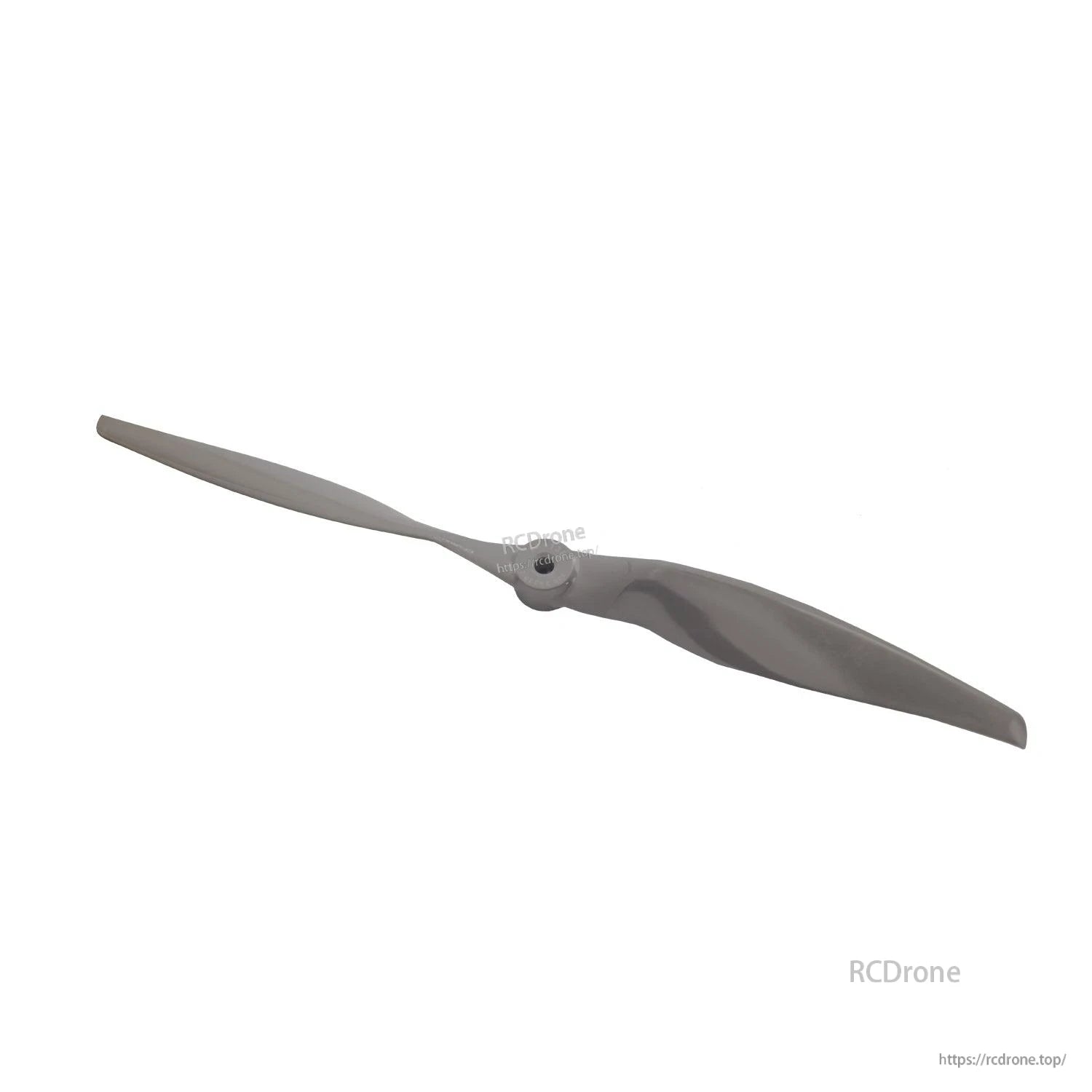 Angled view of two-blade propeller highlighting curved blade profile and center hub