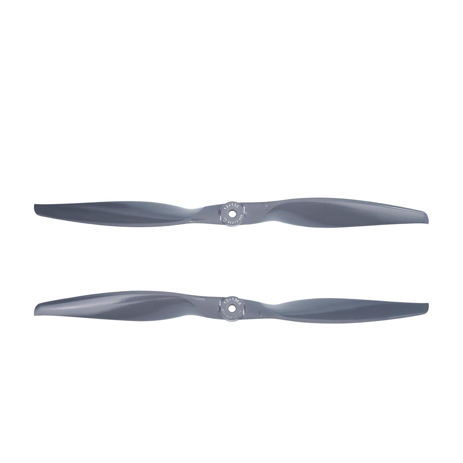 Pair of Gemfan Vortex 13x13 propellers shown together, hub mounting hole and blade shape comparison