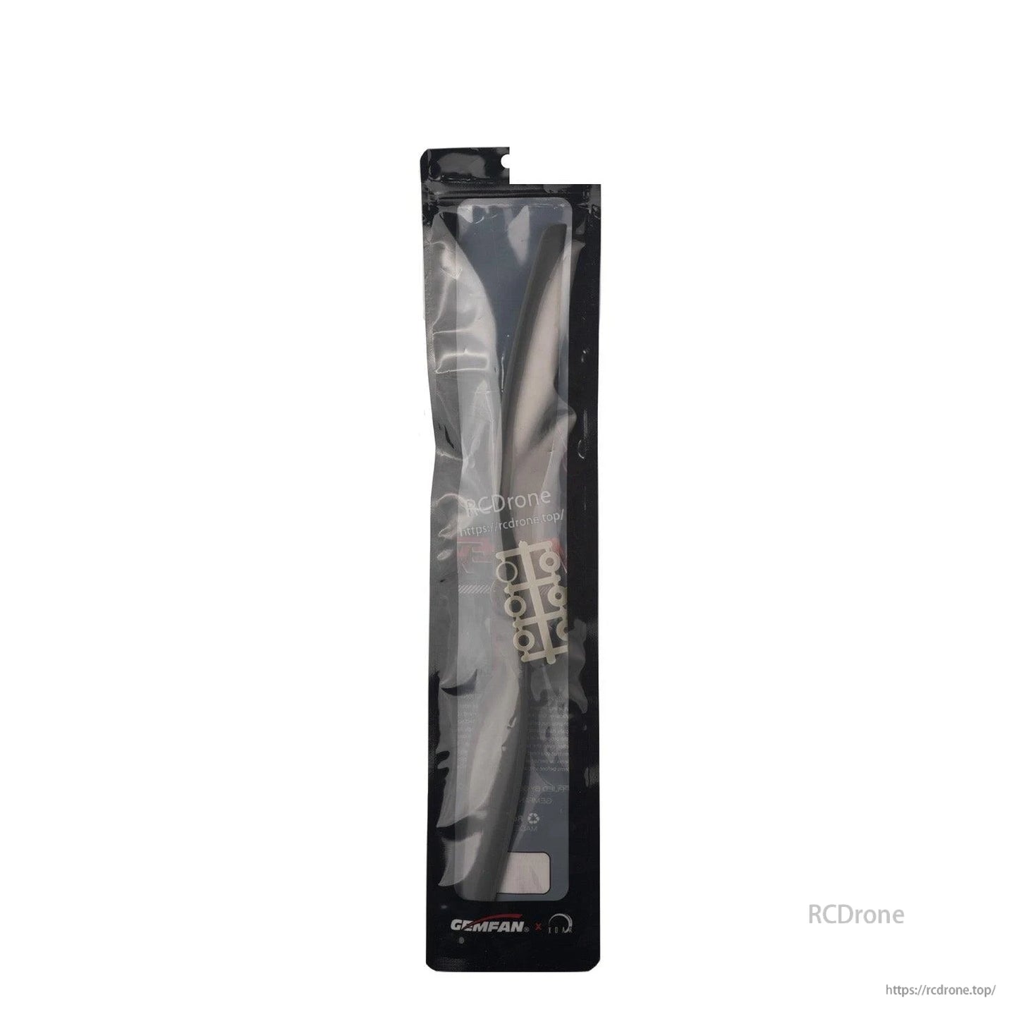 Sealed Gemfan propeller package close-up, transparent front showing prop and included parts