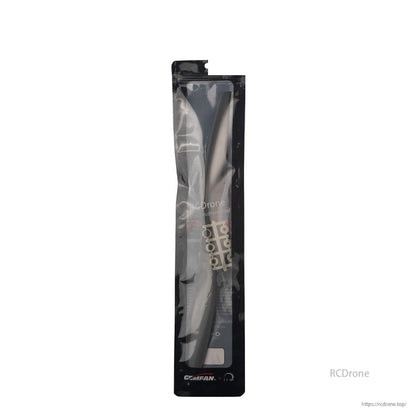 Sealed Gemfan propeller package close-up, transparent front showing prop and included parts