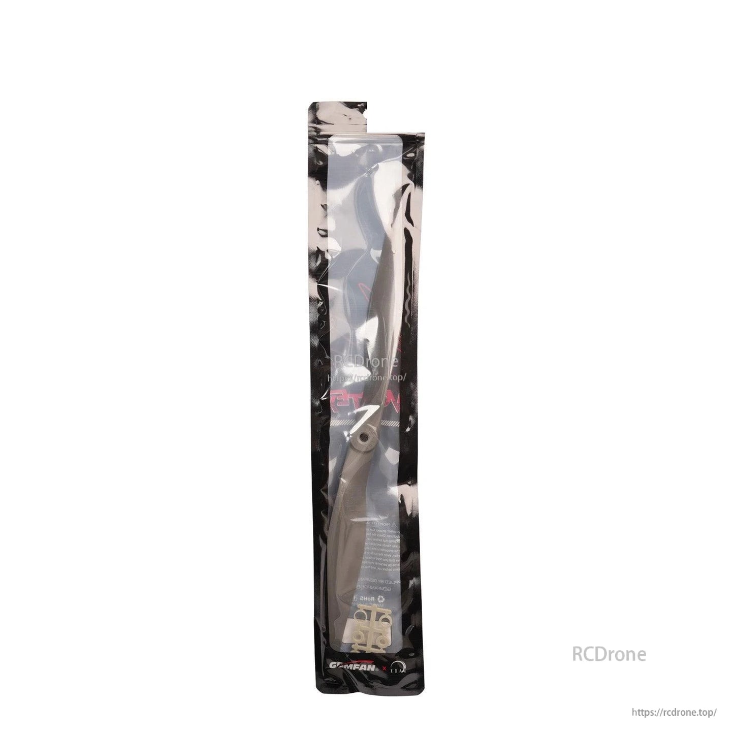 Sealed Gemfan propeller bag close-up showing blade and hub through clear front