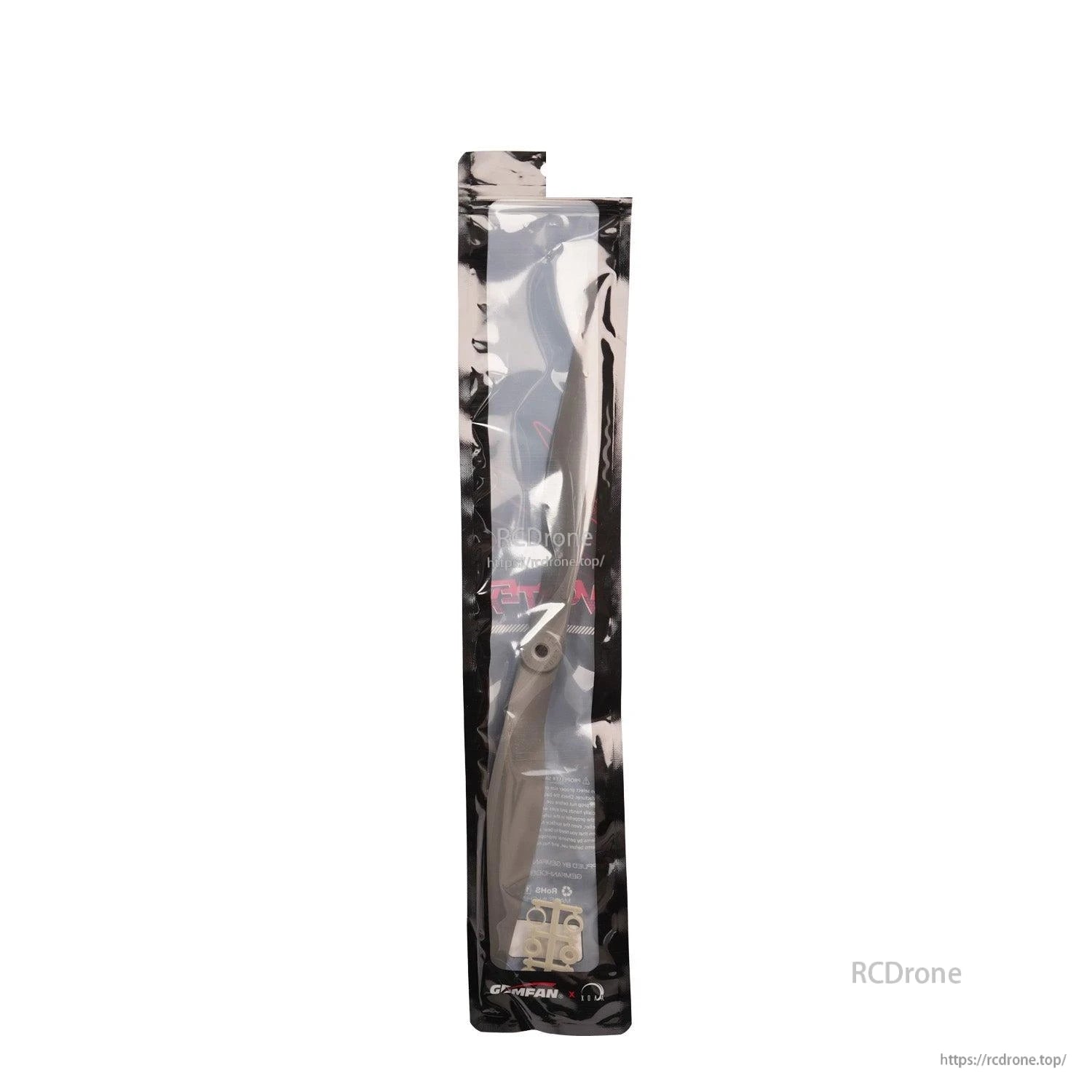 Sealed Gemfan propeller bag close-up showing blade and hub through clear front