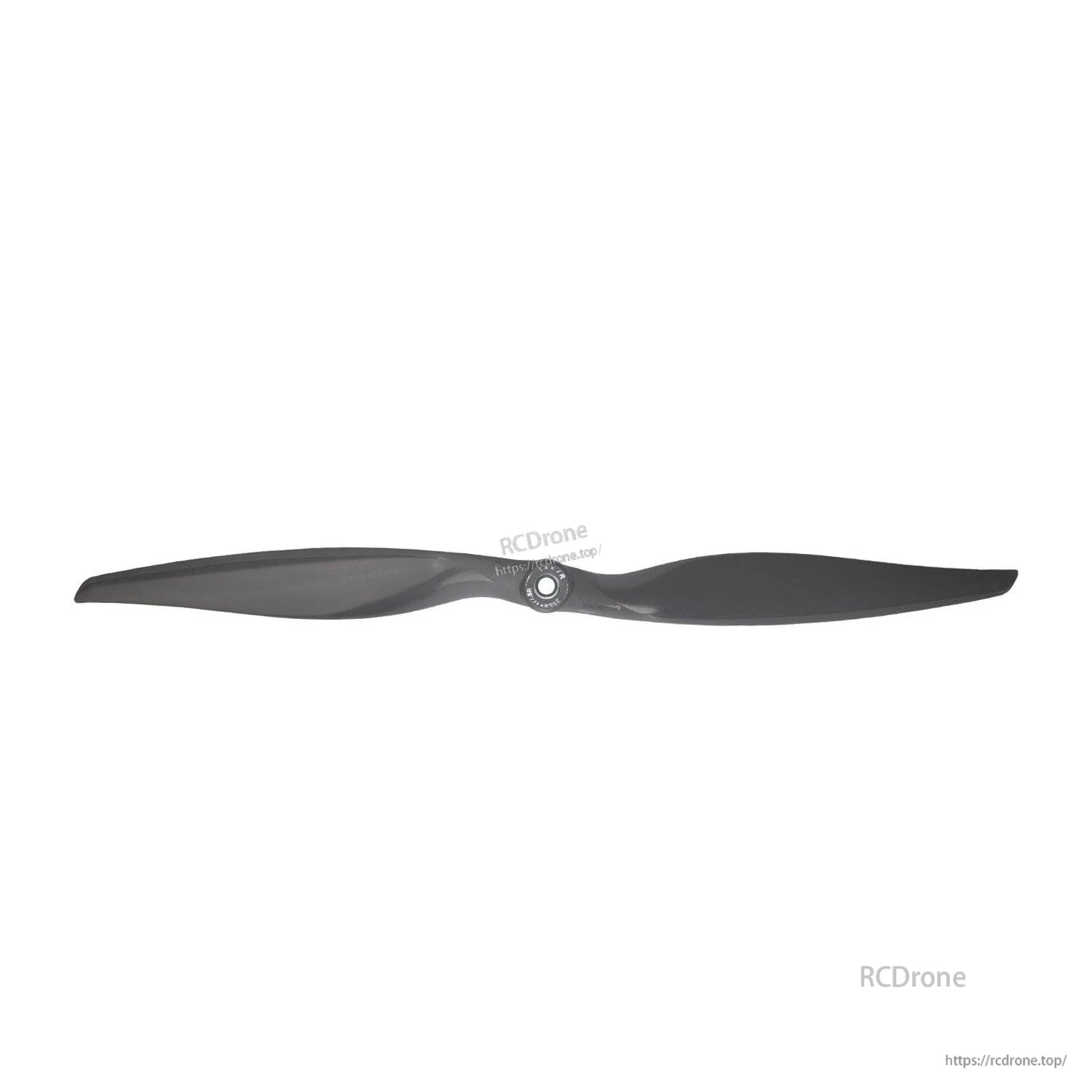 Two-blade propeller top view highlighting blade curvature and hub insert on white background