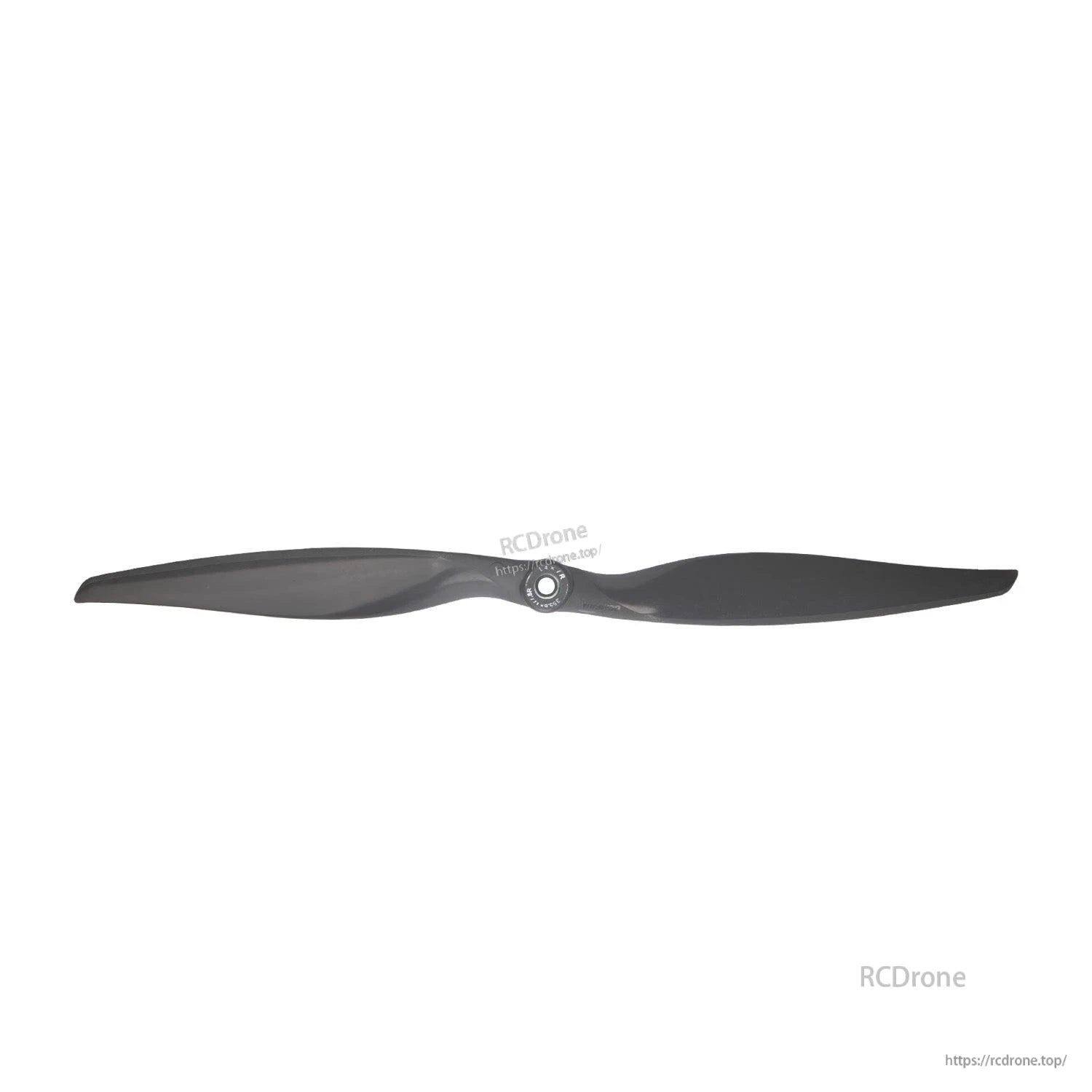 Two-blade propeller top view highlighting blade curvature and hub insert on white background