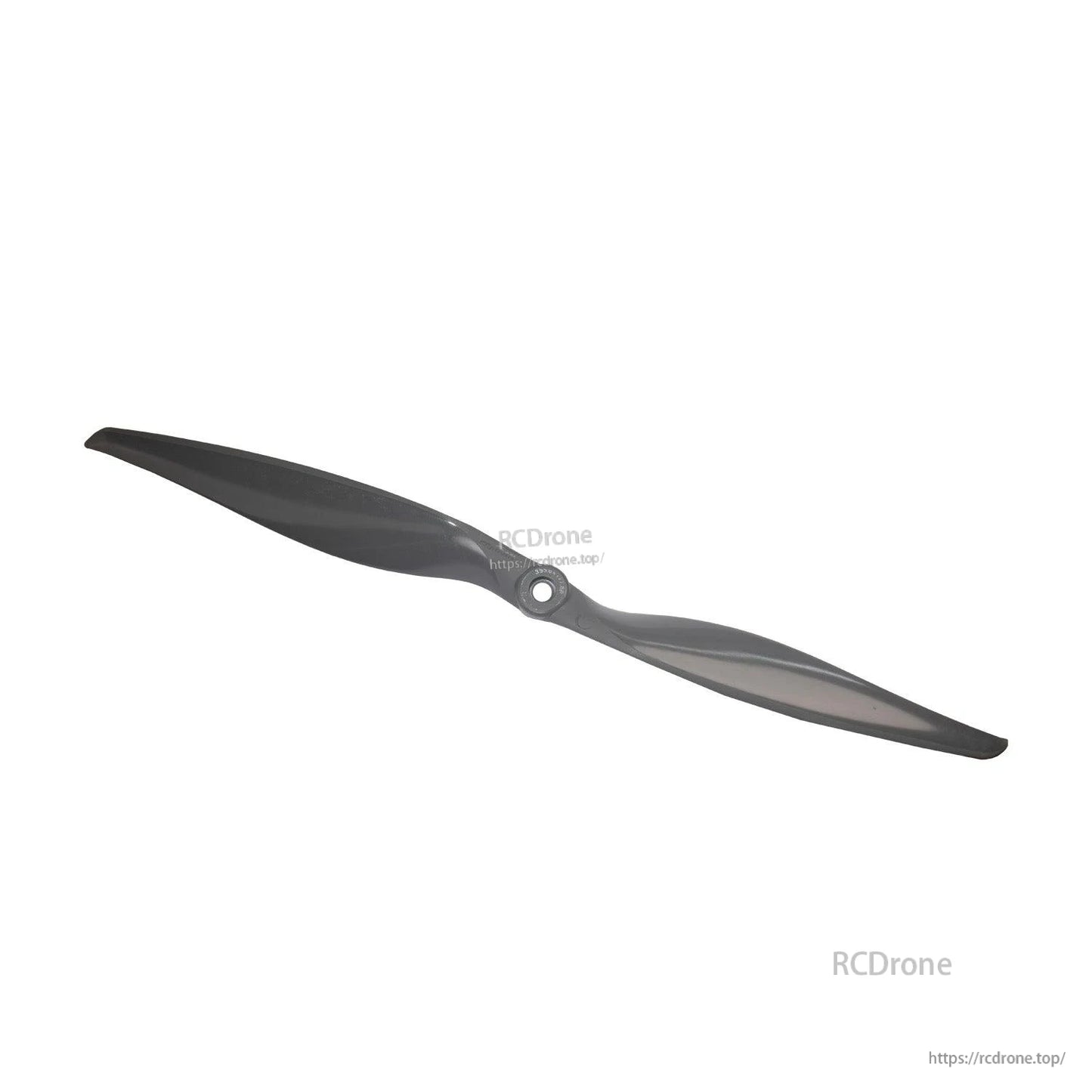 Angled view of two-blade propeller showing leading edge shape and hub insert