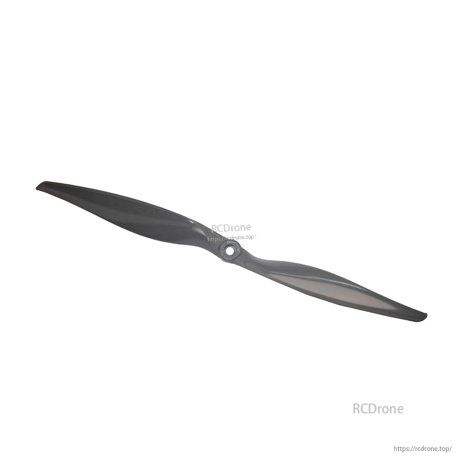 Angled view of two-blade propeller showing leading edge shape and hub insert