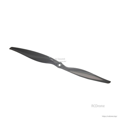 Angled view of two-blade propeller showing leading edge shape and hub insert