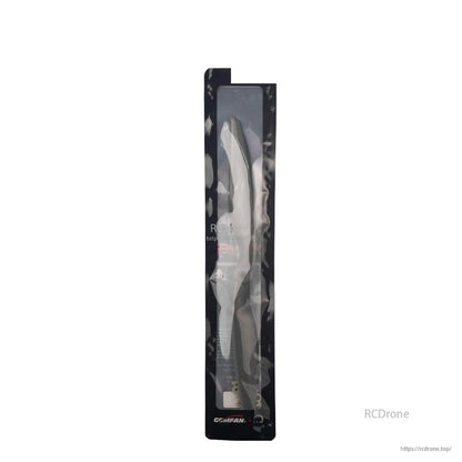 Propeller packaging shown full length, black card with clear window and Gemfan branding