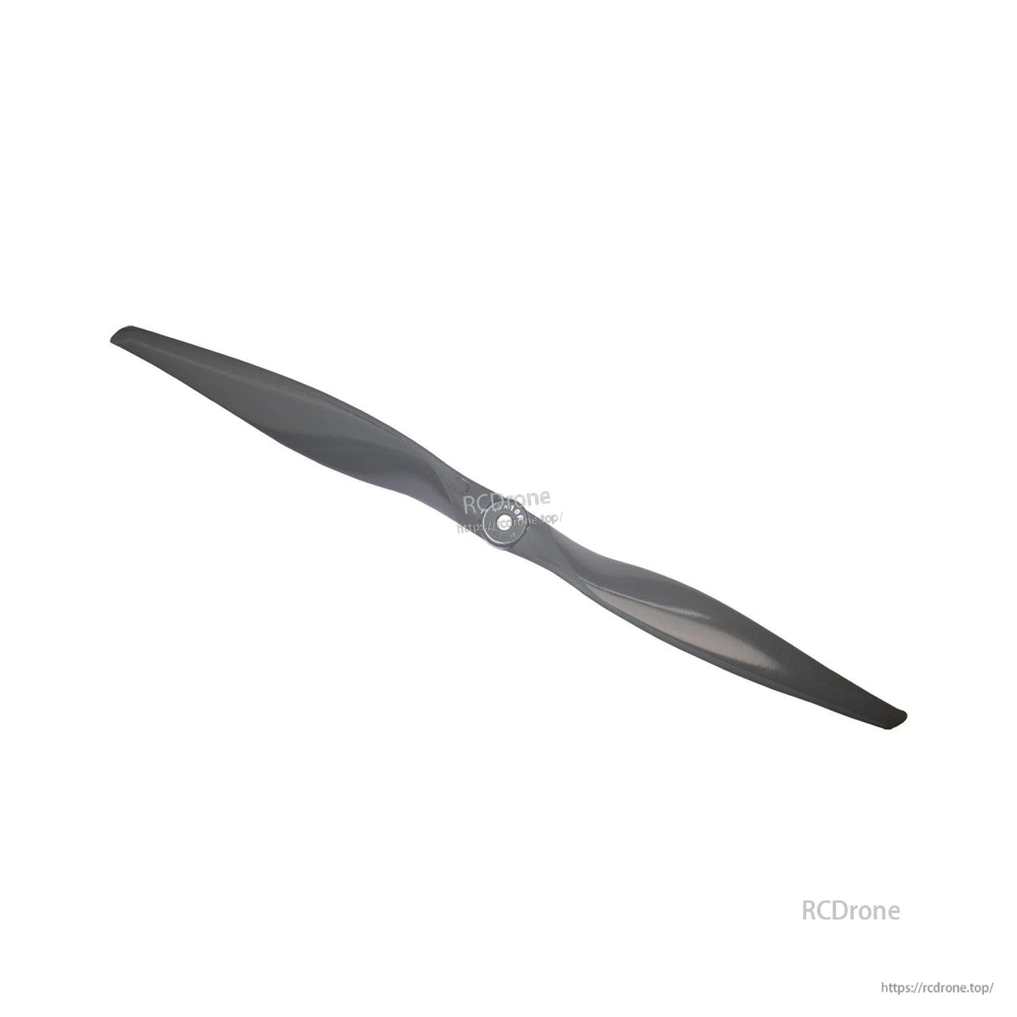 Angled view of the black two-blade propeller highlighting leading edge shape and hub center bore