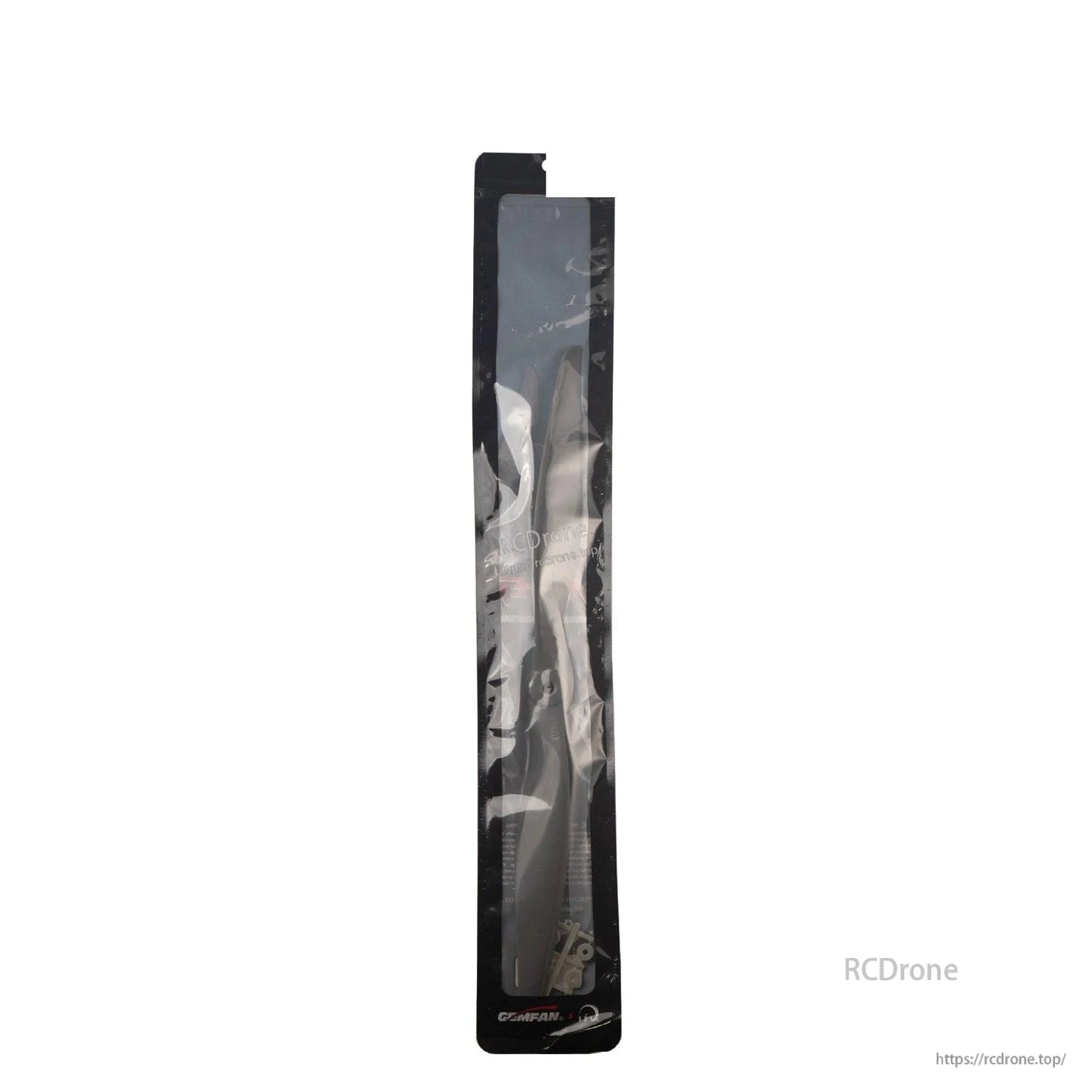 Retail packaging bag with Gemfan propeller inside, long narrow blister-style sleeve