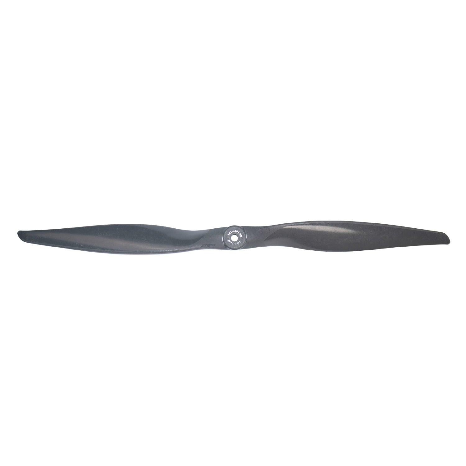 Gemfan Vortex 15x12E/15x12R electric propeller, top view of black 2-blade with center hub