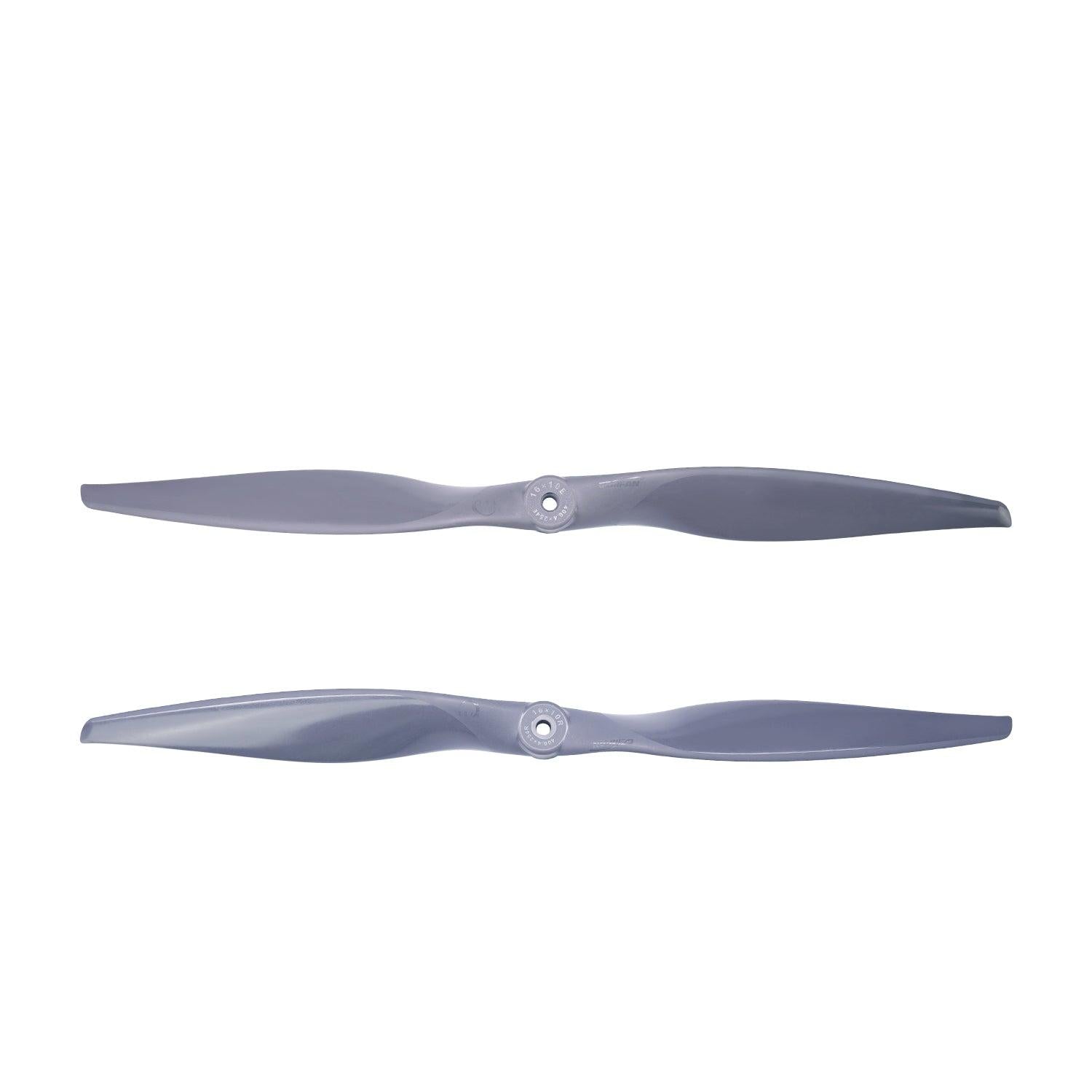 Matched pair of 16x10 electric propellers (E and R rotation) shown flat, top and bottom