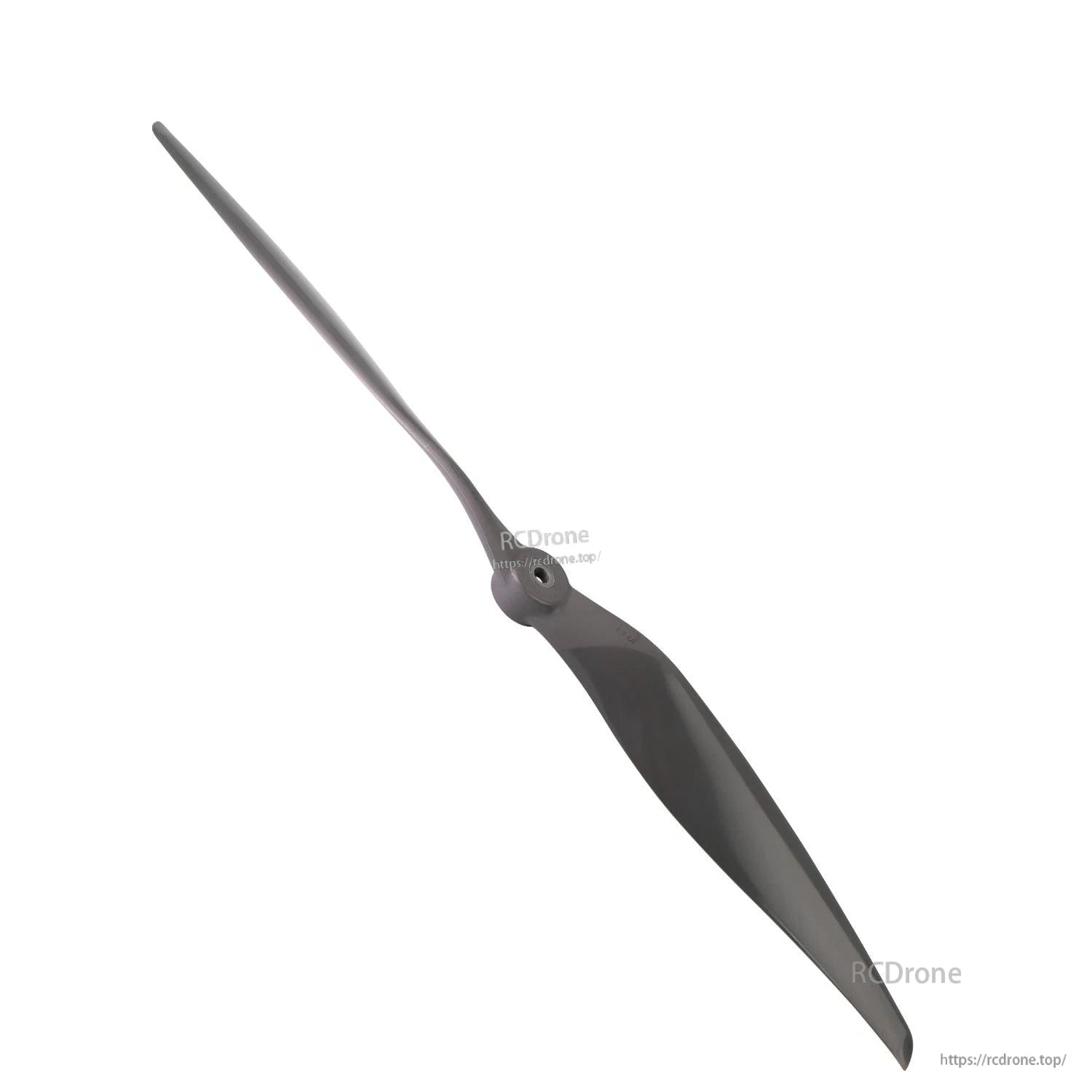 Angled view of two-blade propeller highlighting curved blade shape and hub thickness