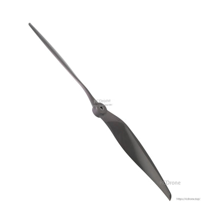 Angled view of two-blade propeller highlighting curved blade shape and hub thickness