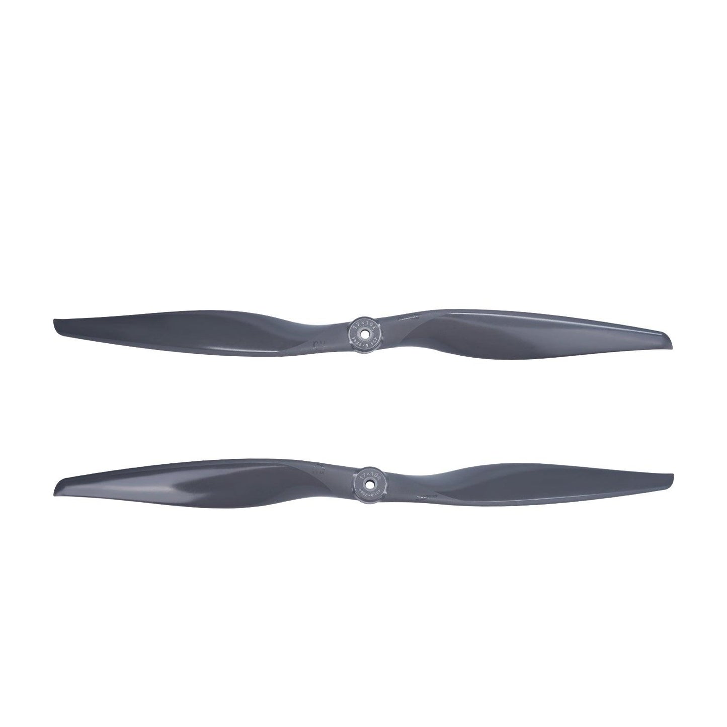 Pair of Gemfan Vortex 17x10E and 17x10R propellers shown side by side, front view, 6.35mm hub