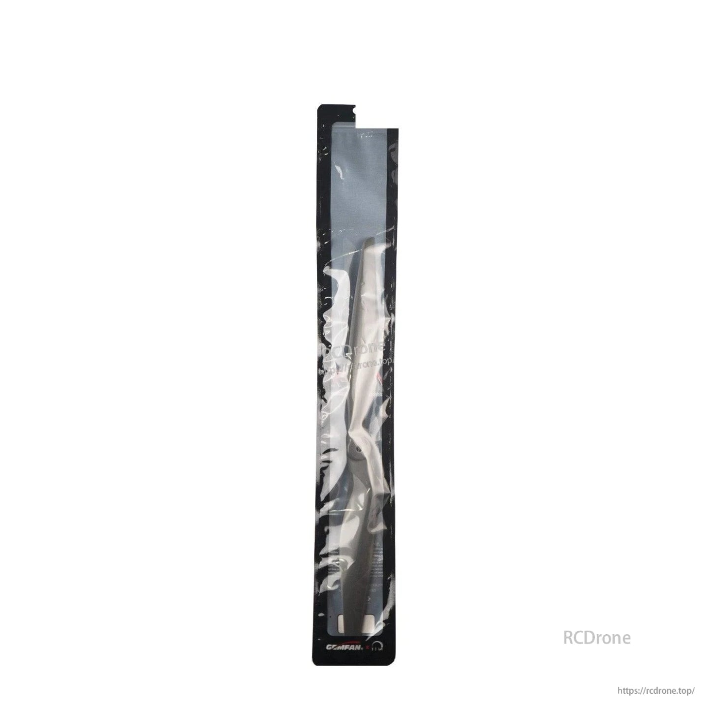 Propeller shown inside clear retail sleeve packaging, alternate view with header card and branding