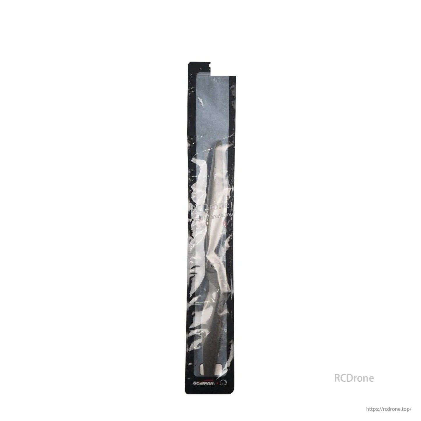 Retail package bag with Gemfan propeller inside, tall sealed sleeve on white background